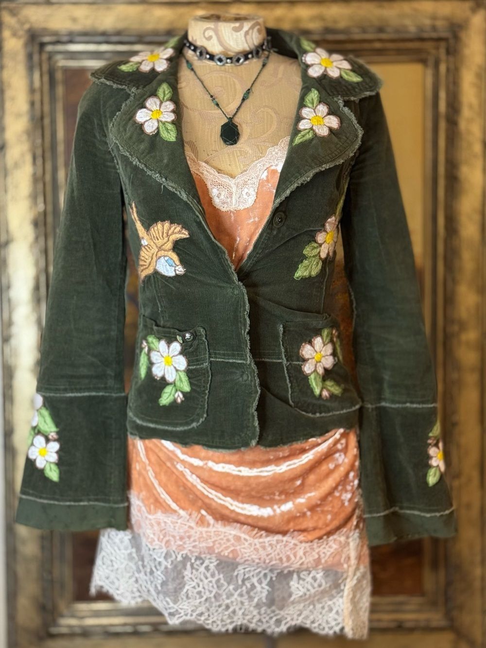 Joystick Hand-Embroidered Velvet Jacket - Olive Green Boho Blazer Rare - S/XS